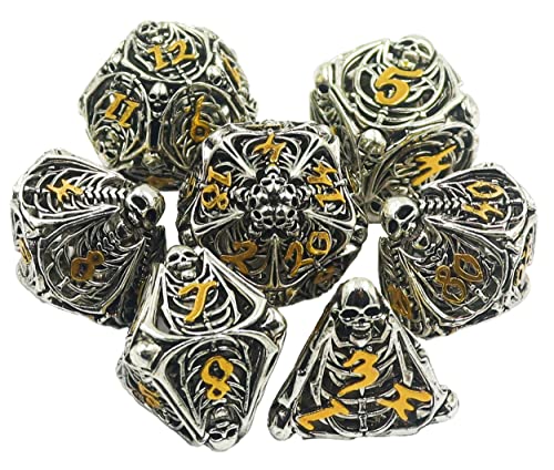 Metal DND Dice Set Skull Dungeons and Dragon Dice Set Hollow Polyhedral Magic 7 PCS Dice Set with Gift Metal Box for Dungeons and Dragons Table Games Play Cards MTG(Skull_Ancient Silver and Gold) - color: Skull_ancient Silver Plus Gold