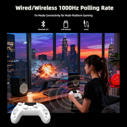 Voacle RG G01 Interactive Screen Wireless Gaming Controller Compatible with PC/Steam/Linux/Android/Switch/IOS 2.4G Wireless Bluetooth Controller Gamepad Hall Effect Triggers(White) - color: White