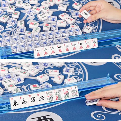 American Mahjong Set,166 Premium Acrylic Tiles with Blue Prints, 4 All-in-One Color Rack/Pushers, Complete Mahjong Game Set with Floral Blue Carrying Bag