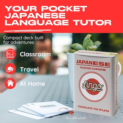 Lingo Japanese Playing Cards in Premium Travel Tin | Learn Japanese Vocabulary & Phrases for Adults & Beginners | Luxury Gift Box for Japan Travelers & Anime Fans | Language Flashcard Deck