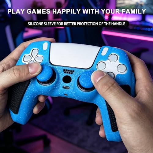 Blue Glitter Anti Slip Soft Thicked Studded Silicone Cover Skins Compatible with PS5 Controller,Include 8 PCS Blue Glitter Thumb Grips Glow and 2 Cat Paw Grips Accessories. - color: Blue Black