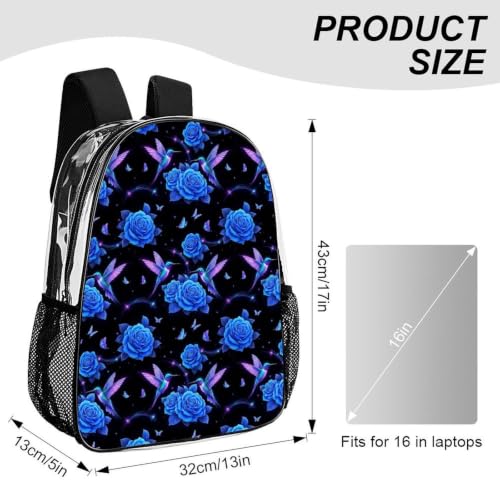 Stadium Approved Heavy Duty Clear Bookbag Adjustable Shoulder Straps | Water Resistant, Hummingbird Purple Rose, Stadium Approved, Transparent Beach Bag, with Mesh Side Storage Pockets - color: Pattern (323)