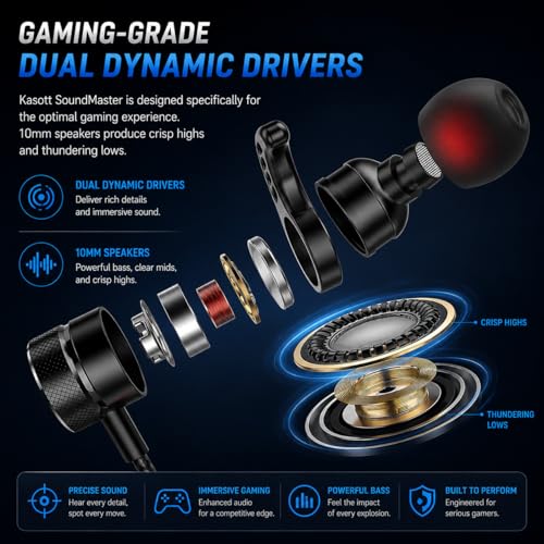 KASOTT SoundMaster Pro V1 - Gaming Earphones with Dual Audio Drivers,Battle Buds,in-Line Mic with Mute and Volume Control, Compatible with Xbox Series,Xbox One,PS5,PS4,Switch,Pc with 3.5mm Aux