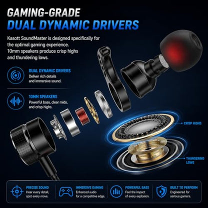 KASOTT SoundMaster Pro V1 - Gaming Earphones with Dual Audio Drivers,Battle Buds,in-Line Mic with Mute and Volume Control, Compatible with Xbox Series,Xbox One,PS5,PS4,Switch,Pc with 3.5mm Aux - color: Black