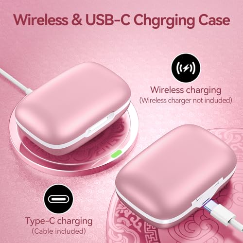 Active Noise Cancelling Ear Buds Wireless Earbuds 80H Playtime Bluetooth Headphones with LED Display Case, Hi-Res Audio Clear Calls Earphones with Over Ear Hooks for Running Gym Workout Rose Gold - color: Rose Gold