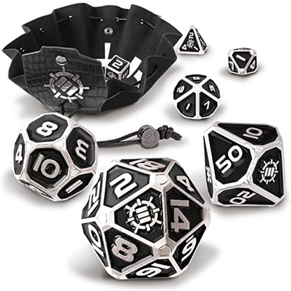 ENHANCE DND Metal Dice Set - 7pc Polyhedral Dice with 2-in-1 Vegan Leather Bag and Tray, Solid Metal Set for Dungeons and Dragons, Pathfinder, More RPGs (Collector's Edition Black) - color: Dragon Black