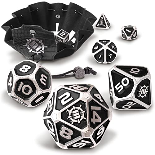 ENHANCE DND Metal Dice Set - 7pc Polyhedral Dice with 2-in-1 Vegan Leather Bag and Tray, Solid Metal Set for Dungeons and Dragons, Pathfinder, More RPGs (Collector's Edition Black) - color: Dragon Black