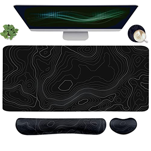 Topographic Mouse Pad Set, Extended Mouse Pad+Keyboard Wrist Rest, Memory Foam Ergonomic Easy Typing, 4Pcs (35.4×15.7 in) Desk Pad Set for Home Office Study Game-Topographic Contour - color: Topographic Contour