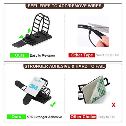 50Pcs Adhesive Cable Management Clips with 50Pcs Zip Ties, Adjustable Nylon Cable Strap Ties Wire Clips Clamps Organizer with Strong Adhesive Tape, Extra Screw & Hole - 3.35 Inch Black - color: Black, size: M-50pcs