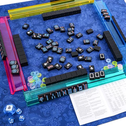 American Mahjong Game Set, 166 Black Tiles (1.2”), 4 All-in-One Color Rack/Pushers & Drawstring Bag, Complete Mahjong Set with Black Carrying Bag and Mahjong Tiles Set Accessories - color: Black