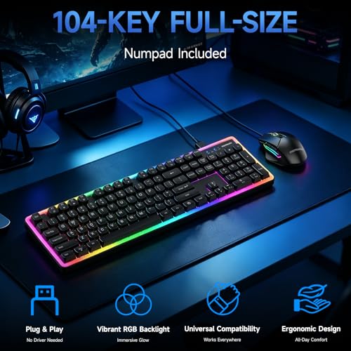 Wired RGB Keyboard and Mouse Combo, Rainbow Backlit, 104-Key Full-Size with Numpad, 6400 DPI Ergonomic High-Precision Mouse, USB Plug & Play, for PC Laptop Mac Office Gaming (Black)