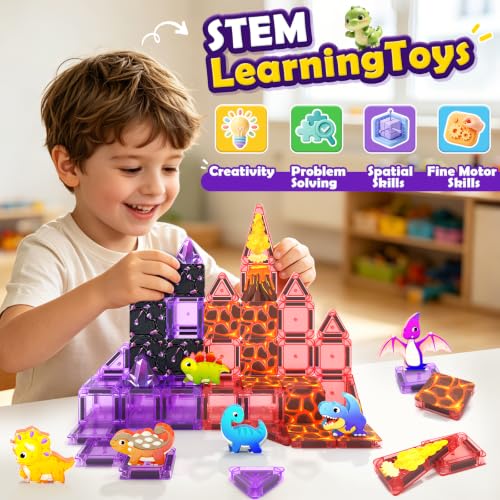 Mini Magnetic Tiles Dinosaur Volcano Set, Magnetic Blocks with 6 Dinosaurs | Road Trip Essentials for Car & Airplane Magnet Tiles STEM Construction Building Toys, Gifts & Toys for Boys Girls Ages 3-12 - size: Dinosaur Set