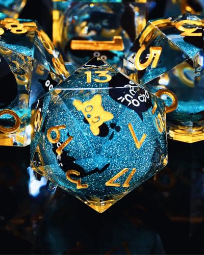 Froggod 싱글 리퀴드 코어 캣 D20 주사위 - DND, RPG, 테이블 탑 게임용 22mm 샤프 엣지 롤 플레잉 주사위 - 20면 레진 D&D 주사위, 캐서드 각인(캣 헤드 블루) - color: 캣 헤드 블루