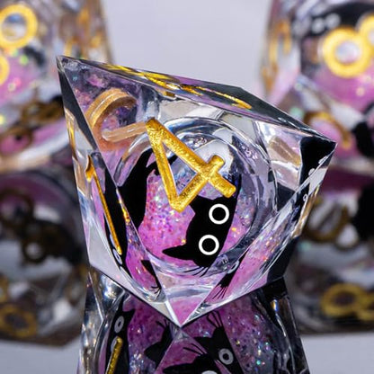 Roycevon Resin DND Dice Set with Gift Box, 7Pcs Liquid Core Cat D&D Dice, Cute Dungeons Dragons D and D Dice, Sharp Edge Role Playing Game Dice D20 D12 D10 D8 D6 D4, Pink - color: Pink