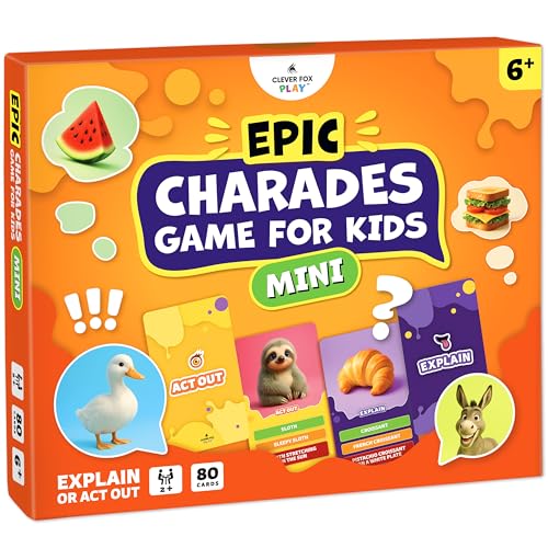 Clever Fox Play Epic Charades Mini Game for Kids Ages 6+, Travel Card Game | 80 act out and explain cards, illustrations, timer, family party game, classroom activity, car trips and travel play - size: Mini