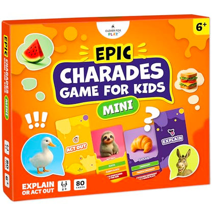 Clever Fox Play Epic Charades Mini Game for Kids Ages 6+, Travel Card Game | 80 act out and explain cards, illustrations, timer, family party game, classroom activity, car trips and travel play - size: Mini