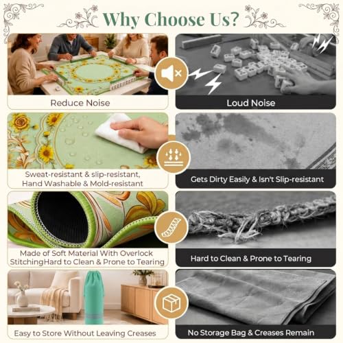 Green Mahjong Mat for Table & 50PCS Stickers| Carrying Bag, Heavy Floral Mahjong Mats& 2 Dices, Noise Reduction Non Slip Foldable, 31.5x31.5 Game Table Cover, for Playing Card, Board Tile Games - color: Green