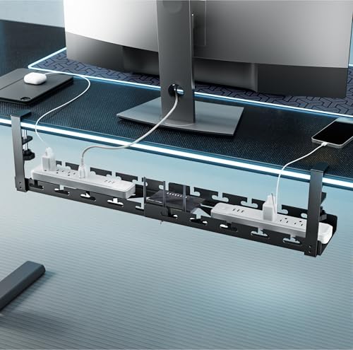 ARES WING 17"-28.7" Extendable Under Desk Cable Management Tray with Cable Slots, Clamp On Cord Organizer Holds Up to 11 lbs, Black Metal Under Desk Storage for Office and Gaming Accessories - color: Black