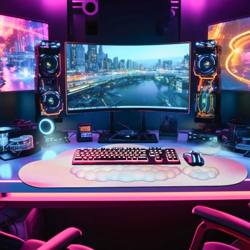 JIKIOU Ergonomic Keyboard Wrist Rest &Large Mouse Pad&Mouse Wrist & Cup Pad | Cute Cloud Shape, 4 in 1 Memory Foam Desk Mat, Ultra-smooth Surface, Savior of Wrist Pain, Anti-slip Rubber Base, Waterproof - color: 01Rainbow