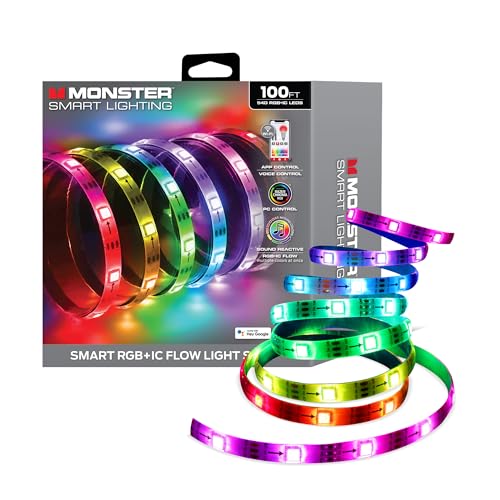 Monster Smart RGB+IC LED Strip Lights – Sound Reactive Strip Lights for Bedroom, App & Voice Control, RGB Light Strip for Room, Alexa Google Home, Razer Chroma Sync (100ft) - size: 100ft