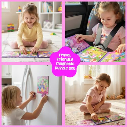 Dinomini Magnetic Puzzles for Toddlers 3-5 - Tri Fold Set with 3 x 20 Piece Magnetic Puzzles - Travel Activities for Preschoolers - Learning Activities and Toys (Fairies & Princesses)
