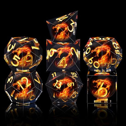 AUSTOR 7 Die DND Dice Set 7 Pieces Red Flame Dragon Resin Dice Role Playing D and D Dice D20 D12 D10 D8 D6 D4 Sharp Edge Dungeons and Dragons Dice with Case - color: Red Flame Dragon