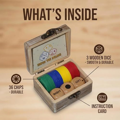 Left Right Roll Dice Game Set - 3 Wood Dice & 36 Plastic Chips in Wooden Box, Fun Family Party Dice Games for Adults, Teens & Friends, Brown - color: Brown