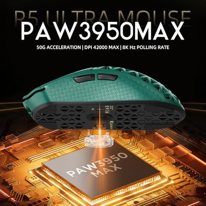 ATTACK SHARK R5Ultra 8K Carbon Fiber Wireless Gaming Mouse, Green&Tape | 42K DPI,PAW3950 MAX Sensor,39g Ultra-Lightweight,Nordic 52840 MCU Chip,Wired/BT/2.4GHz Wireless Programmable Mouse for PC/Mac - color: Green&Griptape