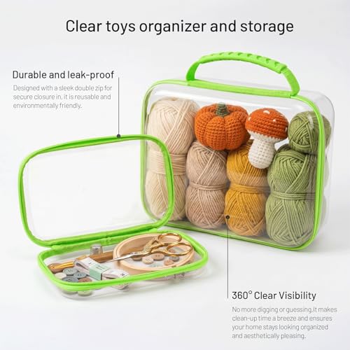 Clear Hard Shell Organizer Cases, 3 Pack with Handle | Durable PET shell with water-resistant, scratch-resistant surface for travel, toiletries, electronics and toys - color: Green