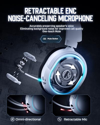 Wireless Gaming Headset, 7.1 Surround Sound, 2.4GHz USB Gaming Headphones with Bluetooth 5.4, 100H Battery, ENC Noise Canceling Mic, RGB Light, Wireless Headset for PC PS5 PS4 Mac Switch (Black-White) - color: Black-White