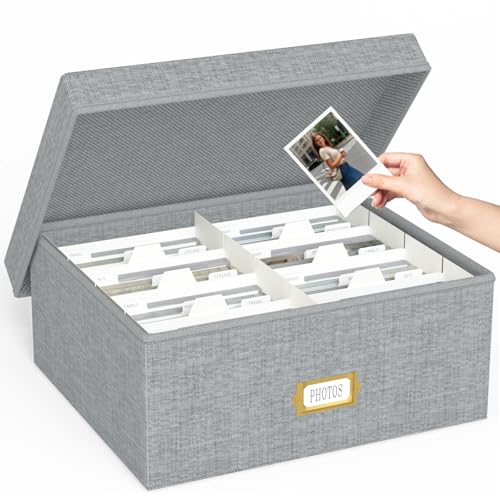 Decorative Photo Storage Box, Linen Photo Box Holds 1700 4x6 Pictures Grey | Photo Storage Containers with 8 Dividers, Memory Keepsake Organizer for Photos, Scrapbook Supplies, Cards, Stamps,Archive Box - color: Grey, size: 4x6 (1 Pack)