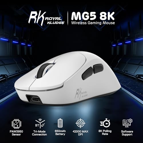 RK ROYAL KLUDGE MG5 8K Wireless Gaming Mouse 42000 DPI PAW3950 Sensor | 56g Lightweight Ergonomic Computer Mouse, Dual 8000Hz Polling Rate, 2.4GHz/BT/USB-C, Gaming Accessories for PC/Laptop/Mac - color: White