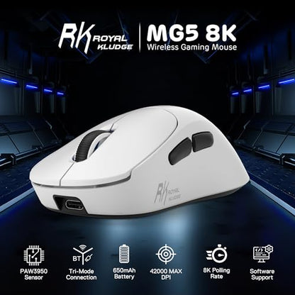RK ROYAL KLUDGE MG5 8K Wireless Gaming Mouse 42000 DPI PAW3950 Sensor | 56g Lightweight Ergonomic Computer Mouse, Dual 8000Hz Polling Rate, 2.4GHz/BT/USB-C, Gaming Accessories for PC/Laptop/Mac - color: White