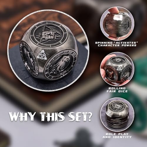 7-in-1 메탈 DND 주사위 스피너 큐브, 테이블 탑 RPG용 3D 릴리프, 던전 마스터 및 플레이어를 위한 선물 상자 (실버) - color: 실버.