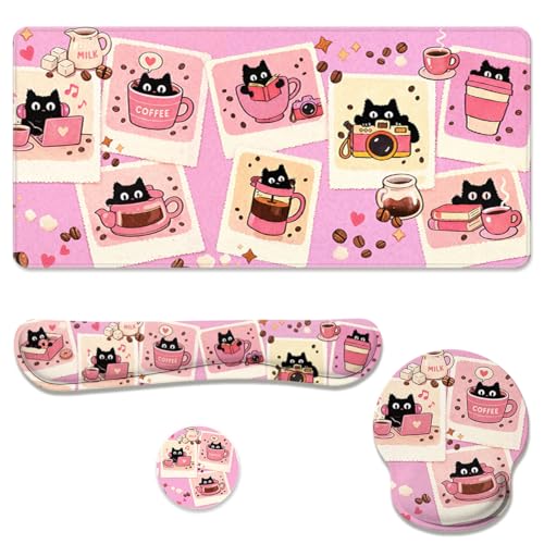 Black Cat Desk Mat Set Cute Coffee Art Large Mouse Pad with Wrist Rest 4-in-1 Desk Mat for Desktop Ergonomic Keyboard Wrist Support Anti-Slip Computer Ergonomic Mouse Pad Home Office Gaming - color: Black Cat Cute Coffee, size: 34.5" x 15.7"