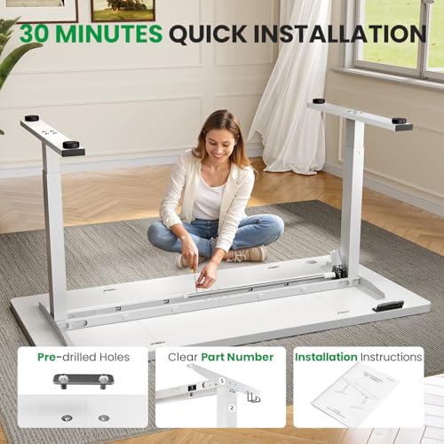 White 60x28 in Electric Standing Desk, 1 Inch Thick Tabletop | Double Beam Frame, Holds 220lbs, Sit Stand, 3 Memory Height Adjustment, Extra Deep Table Top, White Frame - color: White Top / White Frame, size: 60 x 28 Inch