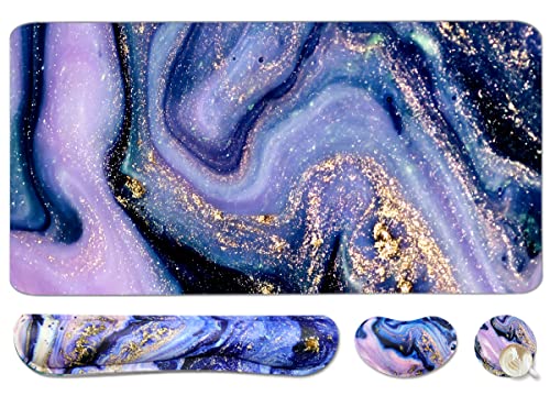 4-in-1 Large Gaming Mouse Pad, Keyboard Wrist Rest Pad & Wrist Support Mousepad Set, Extended Desk Pad Waterproof Desk Mat for Home Office Study Game - Purple Marble - color: Purple Marble