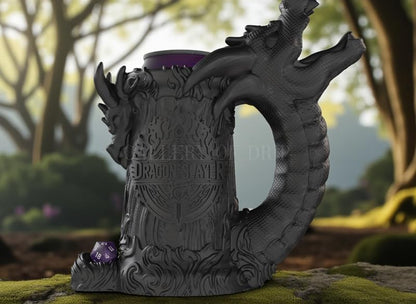 Dragon Slayer Dice Tower & Drink Holder – DND Accessory, Dice Roller Mug, Fantasy Decor for Dungeons and Dragons, Pathfinder, Warhammer, TTRPG Gift for RPG Gamers (Obsidian Black, Standard 12oz Cans)