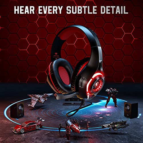 Tatybo Gaming Headset for PS5 PC, Noise Canceling Mic, RGB, Black Red | Over Ear, Deep Bass Stereo Sound for FPS, Battle Royale, Lightweight for Xbox, PS4, Mobile, Nintendo, 3.5mm Devices - color: Black Red