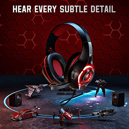 Tatybo Gaming Headset for PS5 PC, Noise Canceling Mic, RGB, Black Red | Over Ear, Deep Bass Stereo Sound for FPS, Battle Royale, Lightweight for Xbox, PS4, Mobile, Nintendo, 3.5mm Devices - color: Black Red