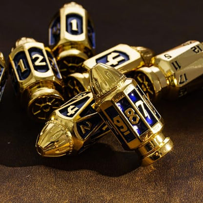 UDIXI Metal DND Bullet Dice Set, D&D Bullet Polyhedral Dice Set Golden Blue | Cool Design, Magazines Container and PU Leather Bag, for Dungeons and Dragons Role Playing Games and Tabletop Games RPG - color: Golden Blue