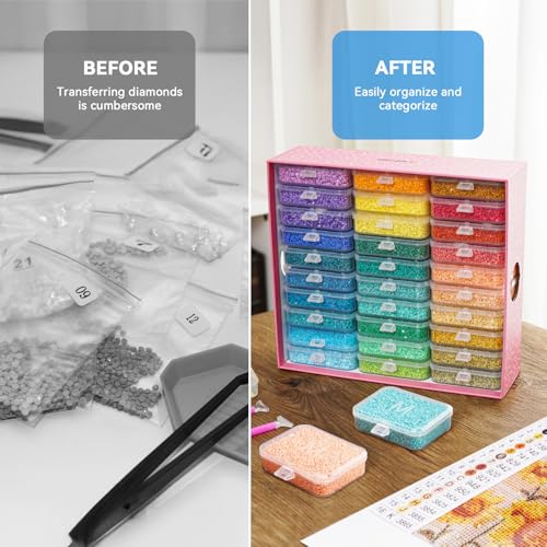30PCS Diamond Painting Storage Containers Trays with Lids | Diamond Art Beads Storage & Line-Up Trays, Diamond Art Accessories Tools, Diamond Painting Dots Organizer, Pink Box Package