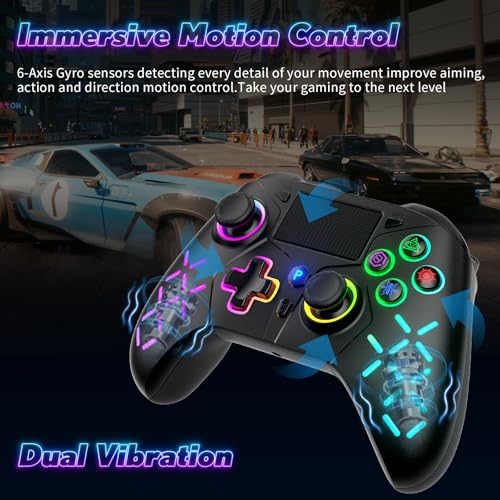 Gamrombo LED Wireless Controller for PS5 with 2.4g adpter, Compatible with PS5 Pro/Slim/PC, Dual Vibration, Marco/Turbo Function, 3.5mm Audio Jack, 6-Axis Motion Contro Gamepad with Speaker - color: RGB Black