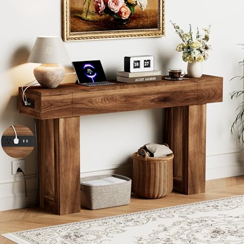 63 Inch Long Console Table w/Outlets & USB Ports, Narrow Rectangular Sofa Table Behind The Couch, Farmhouse Entryway Table for Entrance, Hallway, Living Room(Brown with Outlet) - color: Brown, style: With Socket
