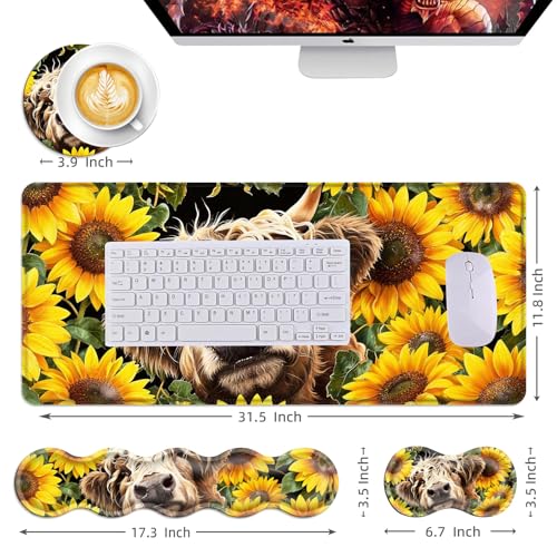 Mouse Pad,Large Desk Mat Set, 4in1 XL Mousepad + Keyboard Wrist Rest+Mouse Wrist Rest+Coaster with Ergonomic Desk Pad for Home Office Table Computer Cover -Highland Cow Sunflower - color: Highland Cow Sunflower