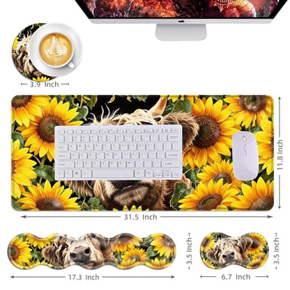 Mouse Pad,Large Desk Mat Set, 4in1 XL Mousepad + Keyboard Wrist Rest+Mouse Wrist Rest+Coaster with Ergonomic Desk Pad for Home Office Table Computer Cover -Highland Cow Sunflower - color: Highland Cow Sunflower
