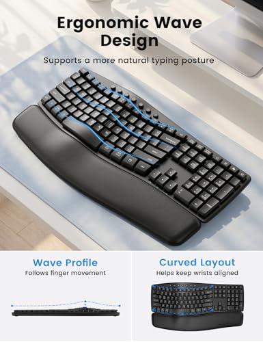 Wireless Keyboard and Mouse Combo, SABLUTE MA41 30dB Quiet Ergonomic Wave Keyboard Set with Soft Leather Palm Rest, Dual-System Switch for Windows/Mac, Ideal for Business Teams Home Office | Soft Leather Memory Foam Wrist Rest, 2.4GHz Wireless, UAB-A & US