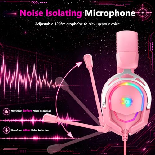 K98 Wired RGB Gaming Headset with Mic, Over Ear Gaming Headphones, 50mm Neodymium Drivers, Noise Isolating Microphone, Memory Foam Cushions, Aluminum Alloy Frame for PC, PS5, PS4, Xbox, Switch - color: Pink RGB