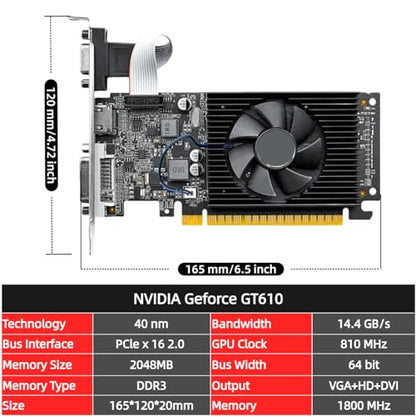 XUANMO NVIDIA GeForce 2.0 GT610 Low Profile PC 2GB Graphics Card 64bit 810MHZ, 2560x1600 PC Video Card, PCI Express 2.0, DVI VGA HDMI Video Gaming Graphics Card - color: GT610 2GB