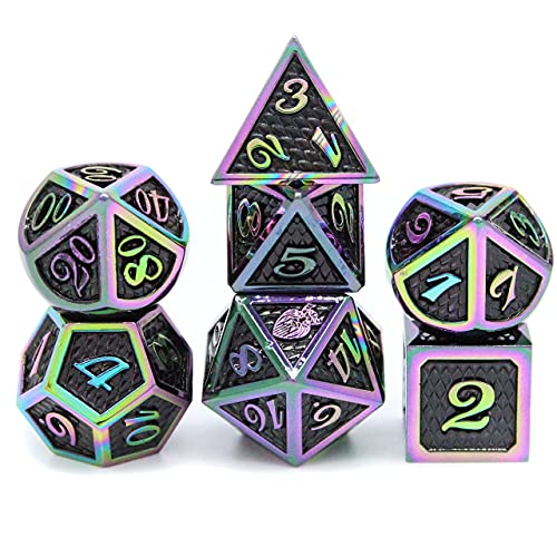 HEIMDALLR Metal DND Dice Set 7 pcs - Dragonhide Design, 16mm Size, Logo on D20; Metal Dice Set & Dice Box; D&D Dice Set D&D (Dungeons and Dragons Dice Set) - Jormungandr Series (Prismatic Dragon) - color: 11 Prismatic Dragon